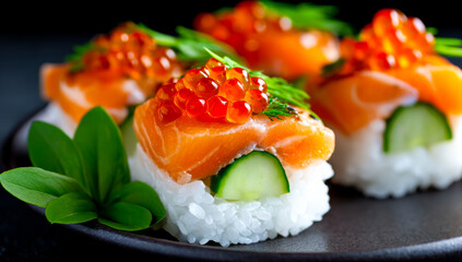 Fresh salmon roe sushi served. Colorful sushi featuring fresh salmon, roe, and cucumber on a black plate garnished with greenery.