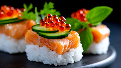 Sushi platter showcasing vibrant flavors. Delicious sushi pieces topped with fresh salmon, cucumber, and fish roe, garnished with green herbs on a dark plate.