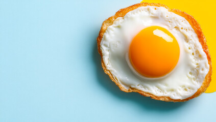 Yellow yolk egg on blue bg. A perfectly cooked fried egg features a golden yolk surrounded by white on a light blue surface.