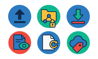 Flat vector icons of digital file management in circular style: upload button, shared folder, access permission, download icon, preview file, version update, file tag, cloud drive.