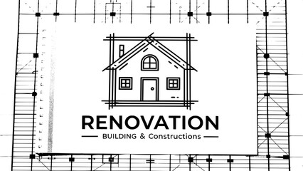 An architectural logo with a central orange house icon, designed in a simple, linear style and framed by a structured black grid. Clean, bold black text reading "RENOVATION" is featured beneath, follo