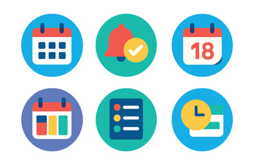 Flat vector icons of mobile calendar and planner apps in circular style: calendar icon, event reminder, task deadline, date picker, weekly view, agenda list, add event button, time block.