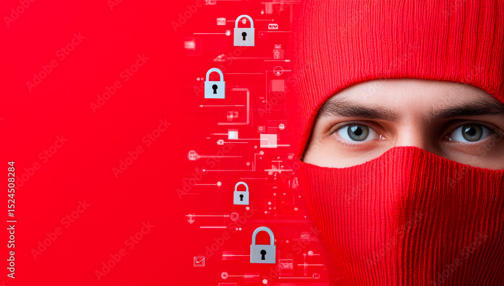 Poster protect your data from threats. a figure in a red mask symbolizes cybersecurity against a red backdr