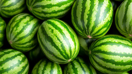 Watermelons at market stall. Fresh watermelons with green stripes are stacked high in a bustling market stall under bright natural light.
