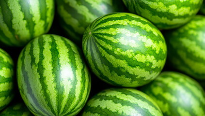 Fresh watermelons stacked at a market. Bunches of vibrant green watermelons are stacked together, ready for sale at a local market in summer.
