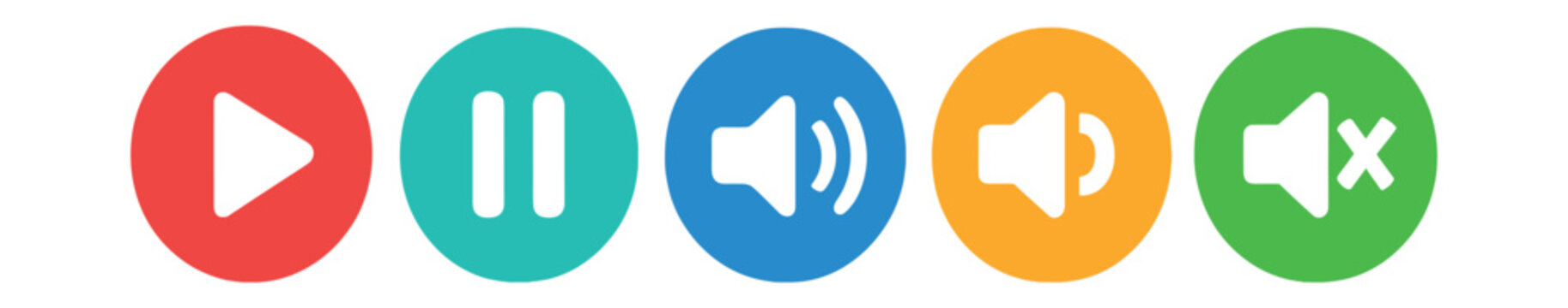 Flat vector icons of multimedia controls in circular style: play button, pause icon, volume up, volume off, mute icon.