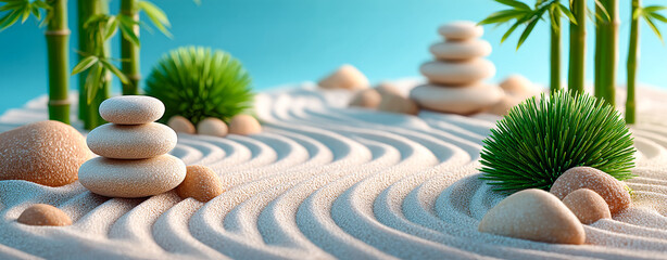Zen sand garden with stones. A serene sand garden features stacked stones, gentle patterns in the sand, and lush green plants basking in sunlight.