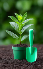 Growing mint plant in green pot. A young mint plant thrives in a green pot with rich soil, accompanied by a small gardening tool on a blurred background.