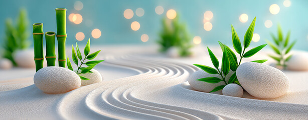 Bamboo sand garden with stones. A calm sand garden with smooth stones, bamboo, and green leaves creates a peaceful atmosphere.