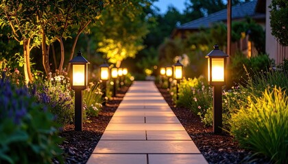 Obraz premium Illuminated Pathway: A Serene Garden at Dusk