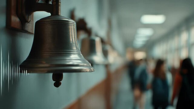 School Bell in Focus with Blurred Students Walking in Hallway, Education, Academic Setting, Announcement, Time Management, Nostalgia, Vintage School Bell