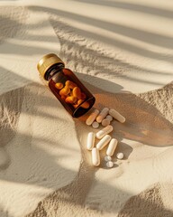 A product photo of an amber glass supplement bottle with a gold cap, lying on its side on warm beige desert sand, a few white capsules spilled out next to it