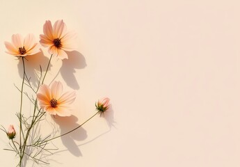 Delicate peach cosmos flowers on pastel cream background