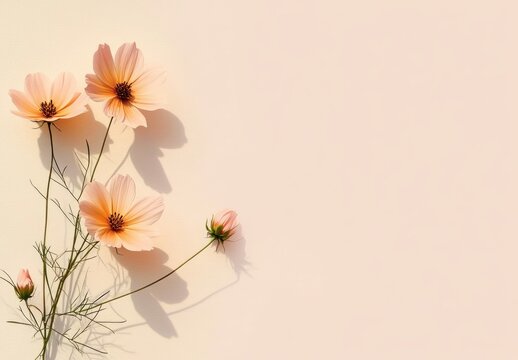Delicate peach cosmos flowers on pastel cream background