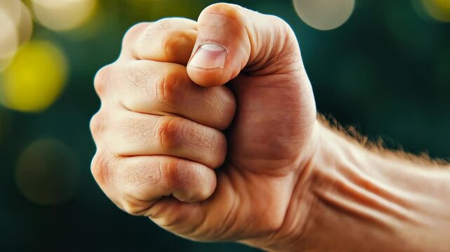 Clenched Fist: A close-up shot of a man's clenched fist, symbolizing strength, determination, and resilience. The background is blurred, drawing focus to the powerful gesture.