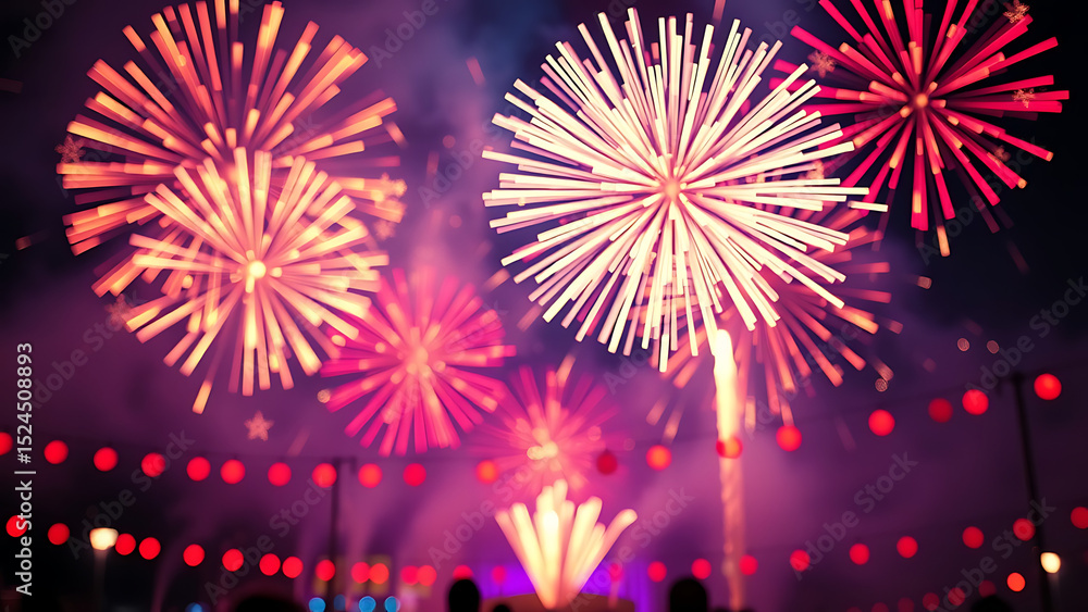 Poster colorful festive fireworks display element set on transparent background