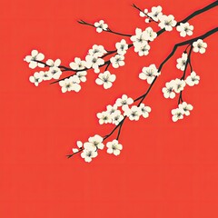 Delicate blossom branch against vibrant crimson backdrop