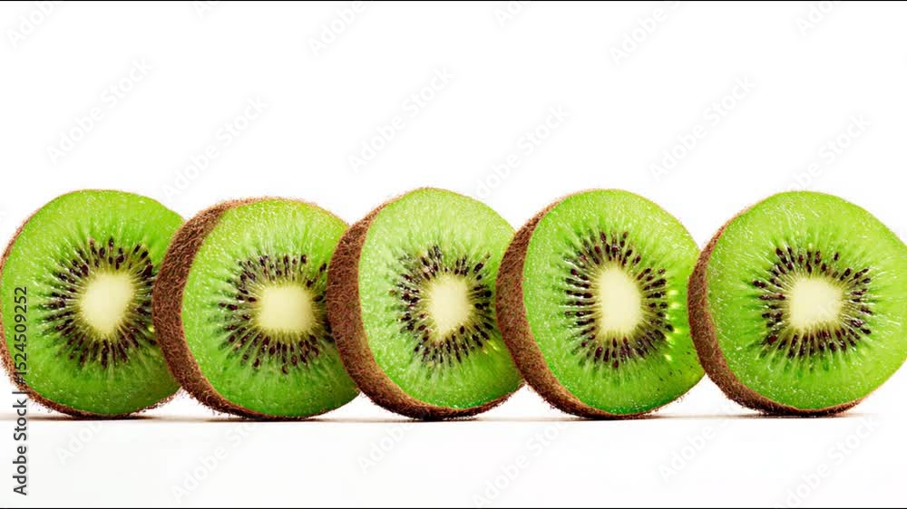 Poster close up of fresh kiwi slices arranged in a row.