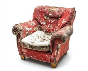 A severely damaged red armchair, showing extensive wear and decay.  The upholstery is ripped, stained, and caked with dirt and grime.  The foam padding is exposed and deteriorated