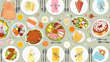 Fototapeta premium A celebratory Easter feast; a bird, pastries, roasted meats, salads, and sweets adorn a long table, strewn with pastel candies and spring decorations