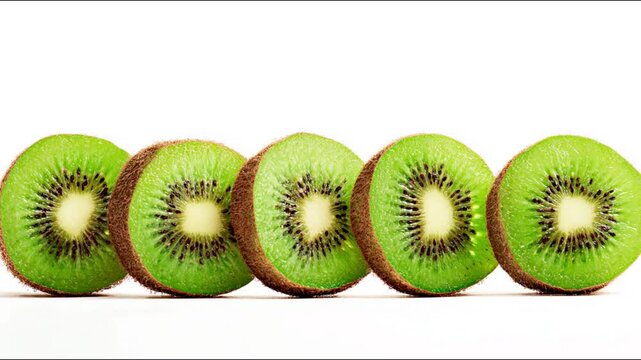 Close up of fresh kiwi slices arranged in a row.