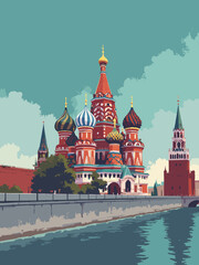 Fototapeta premium Moscow Saint Basils Cathedral, Kremlin Wall, Bolshoi Theatre in ruby red, deep teal, gold, and grey