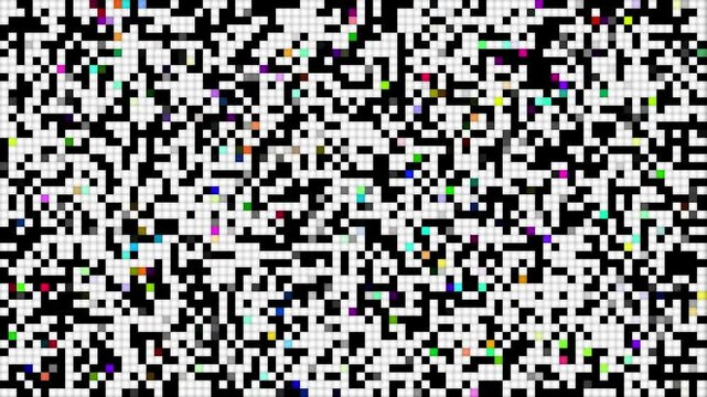 Abstract particle pixel retro 16bit noise static, square black and white animated retro video game pixelated background with mild colorful pixels added, seamless looped vj pattern overlay texture 