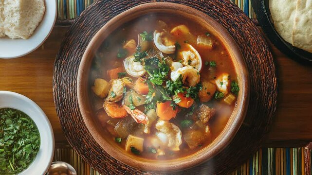 Parihuela peruvian seafood soup with smoke around