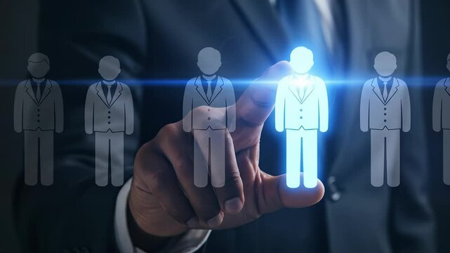 HR manager selecting glowing AI candidate hologram. Human capital, recruitment, artificial intelligence in HR concept video.