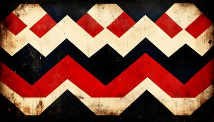 Distressed geometric pattern, red, white, & blue zigzags against a dark background with worn edges
