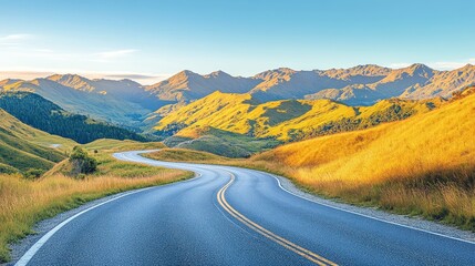Winding road through golden hills, a scenic mountain vista.
