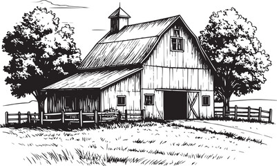Hand-Drawn Rural Landscape: Vintage Agricultural Building
