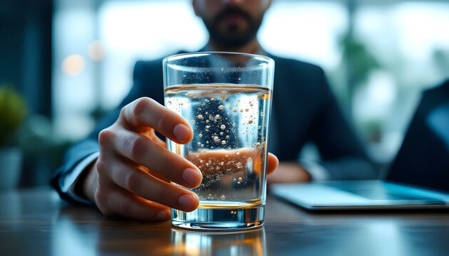 Businessman reaching for a glass of water at a desk in office