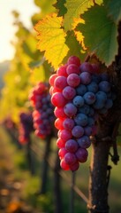 Fototapeta premium Sun-drenched bunches of ripe grapes hanging heavy on a mature grapevine, ready for harvest Golden autumn leaves add to the vibrant scene of a bountiful vineyard , nature, organic, ripe