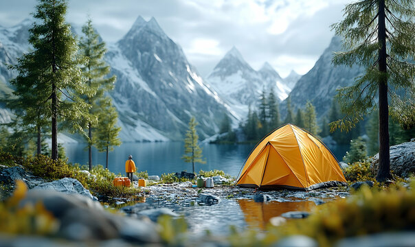 Sunny tent faces calm lake with majestic snow-capped mountain backdrop. Forested foreground