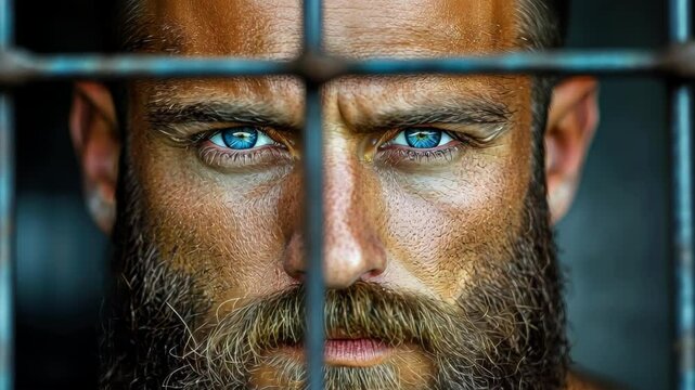 Captive Gaze: Intense blue eyes peer from behind rusted bars, reflecting a mix of resolve and confinement on a weathered face with a full beard.
