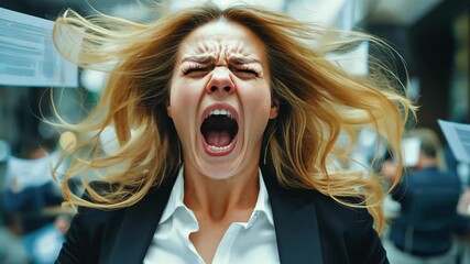 Screaming out loud :  An image of a woman in a state of intense emotion, hair flying around her, she screaming her lungs out .
