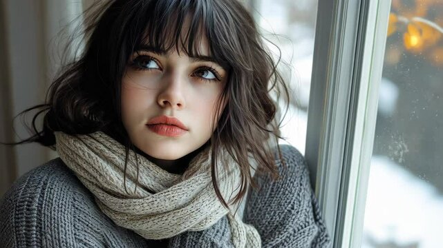 Daydreaming by the Window: A young woman gazes wistfully out of a window, enveloped in a cozy sweater and scarf, lost in a moment of introspection. The warm interior contrasts with the scene outside.