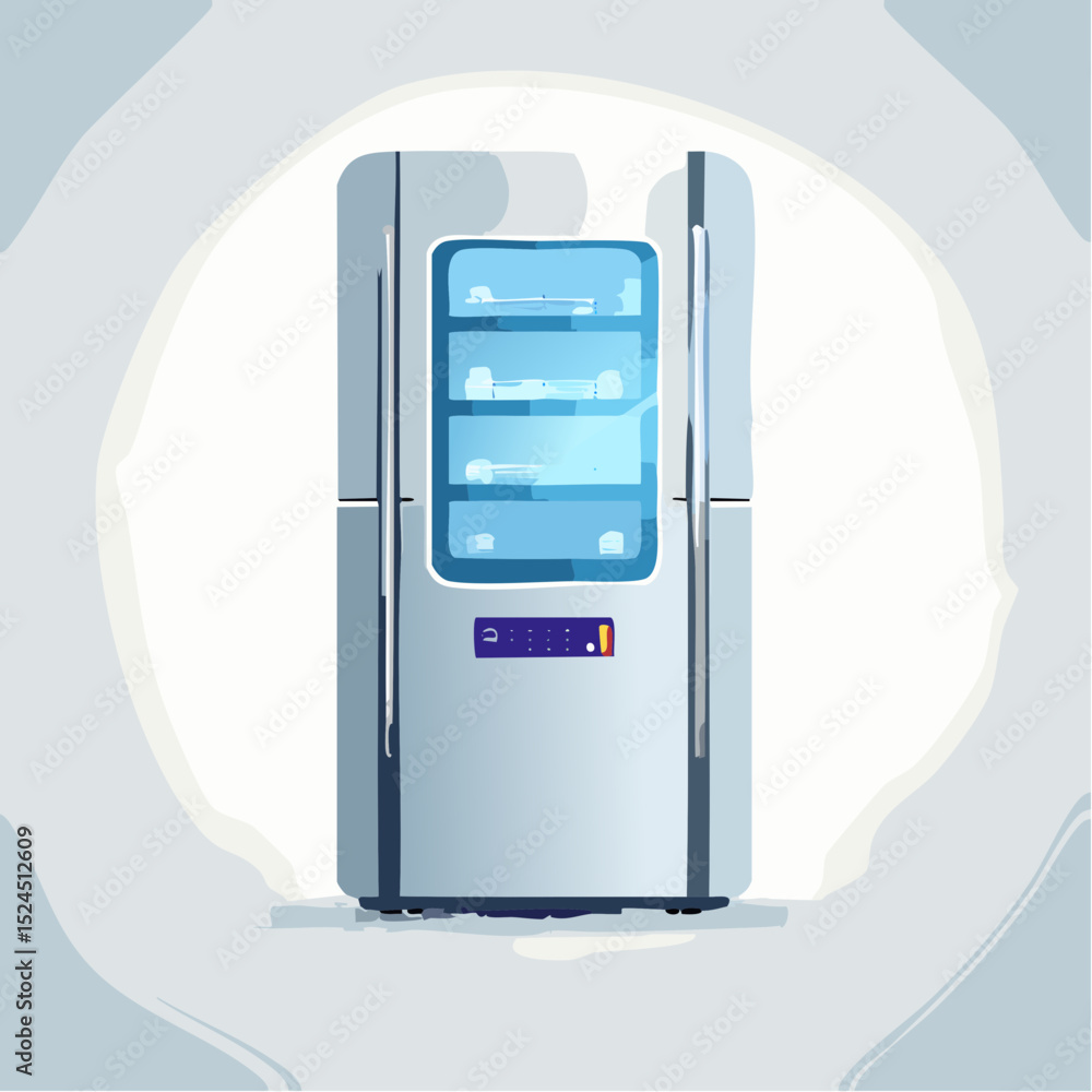Poster a smooth futuristic fridge with a central display, soft lights, and modern curves, shown in a flat m