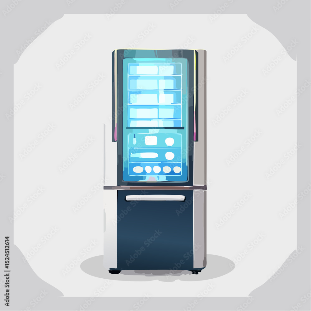 Poster a smooth futuristic fridge with a central display, soft lights, and modern curves, shown in a flat m