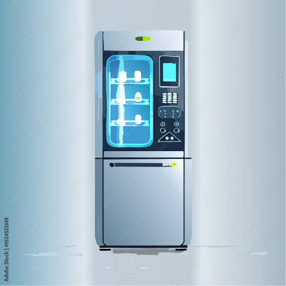Poster a smooth futuristic fridge with a central display, soft lights, and modern curves, shown in a flat m