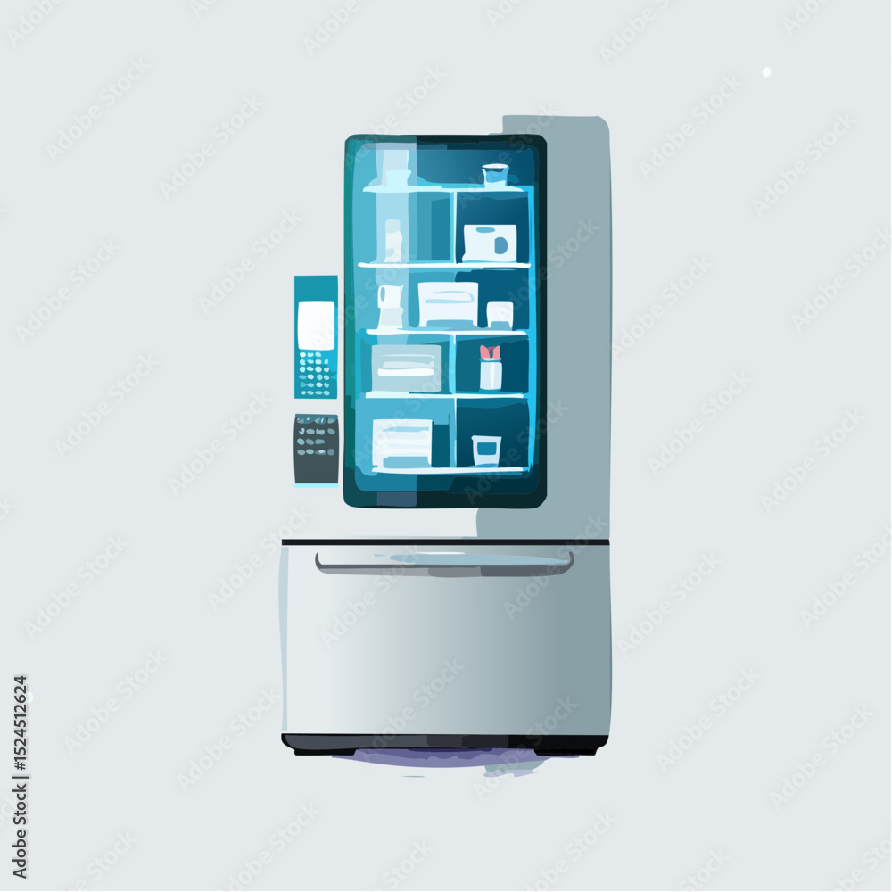 Poster a smooth futuristic fridge with a central display, soft lights, and modern curves, shown in a flat m