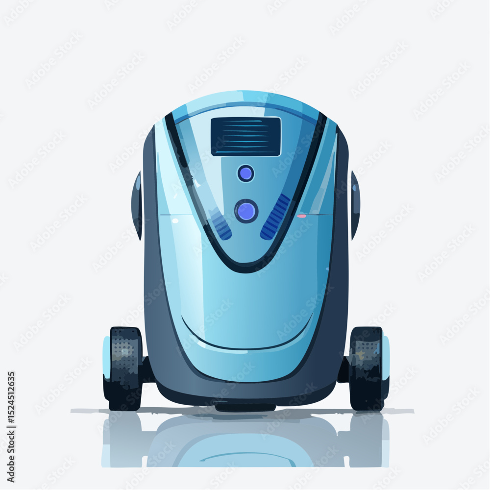 Poster a stylish home robot vacuum with glowing sensors and smooth curves in a futuristic flat vector style