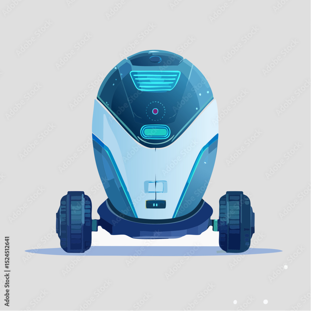Poster a stylish home robot vacuum with glowing sensors and smooth curves in a futuristic flat vector style