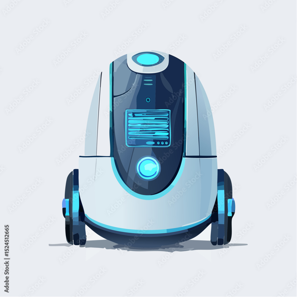 Poster a stylish home robot vacuum with glowing sensors and smooth curves in a futuristic flat vector style