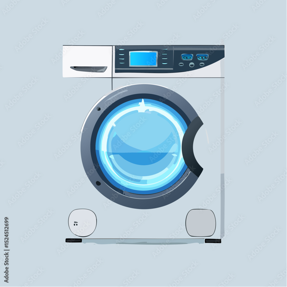 Poster a sleek round futuristic washing machine with soft glow and no buttons, in a flat minimal vector sty