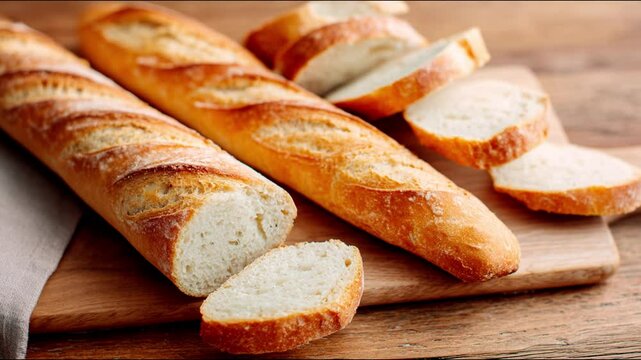 Two crusty baguettes and several sliced pieces on a wooden cutting board.