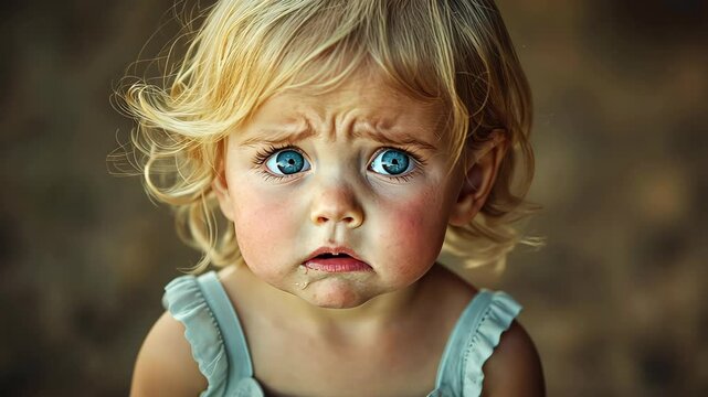 Perplexed Innocence: A young child with striking blue eyes gazes intently at the viewer, their expression a mixture of confusion and curiosity, with a subtle hint of anxiety.