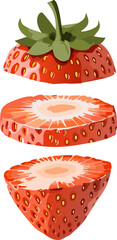 Three Slices of Juicy Strawberry Fruit stacked vertically. The strawberry is sliced, revealing its vibrant red interior and seeds