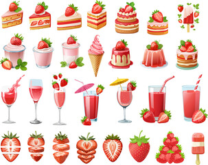 A collection of strawberry-themed desserts and beverages, showcasing a variety of sweet treats. Each item is bursting with fresh strawberry goodness